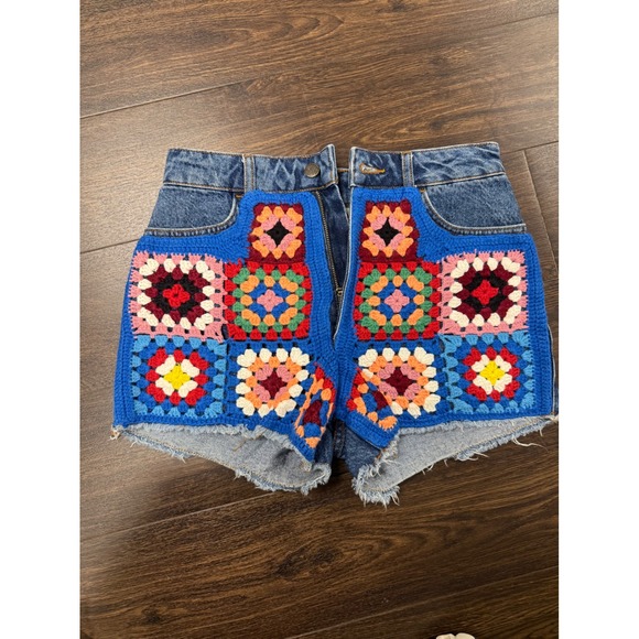 FARM Rio Pants - FARM Rio x Anthropologie Crochet Granny Square High-Rise Denim Shorts Size 27 P